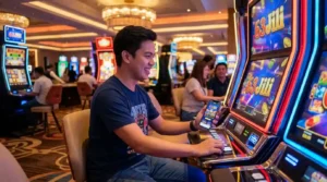 Excited Filipino player enjoying 63Jili online casino games on a smartphone inside a vibrant casino