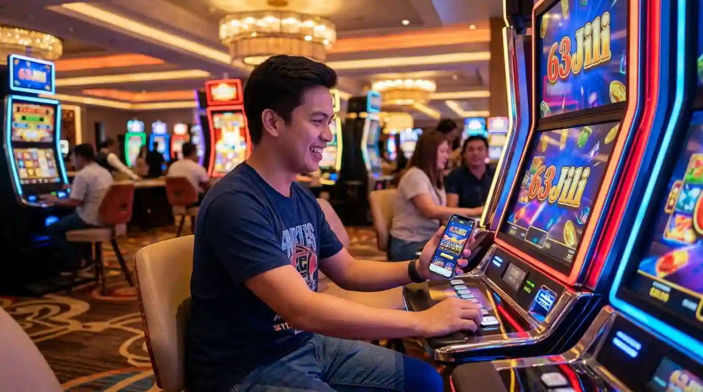 Excited Filipino player enjoying 63Jili online casino games on a smartphone inside a vibrant casino