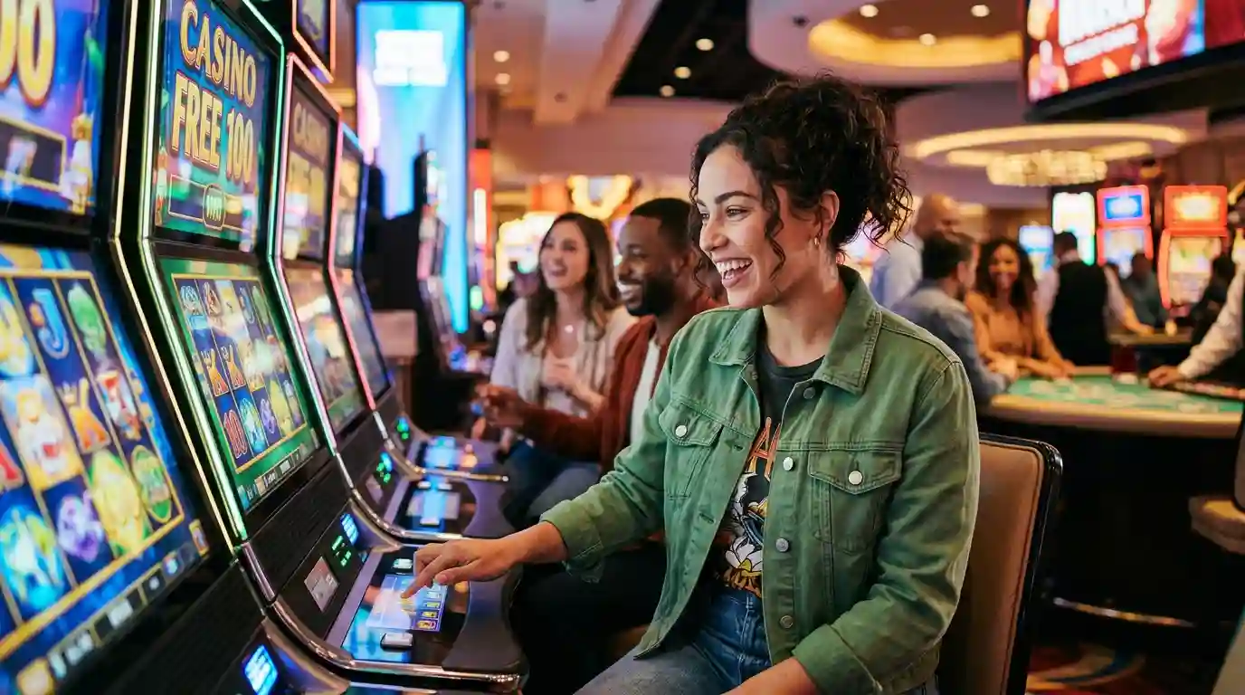 Person enjoying online casino games with a casino free 100 bonus inside a vibrant casino setting.
