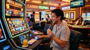 Filipino player enjoying JILI Games Free 100 in a modern casino environment.