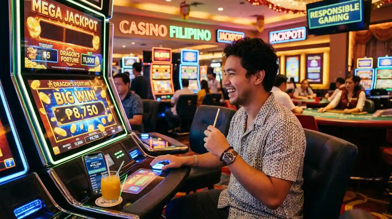 Filipino player enjoying JILI Games Free 100 in a modern casino environment.