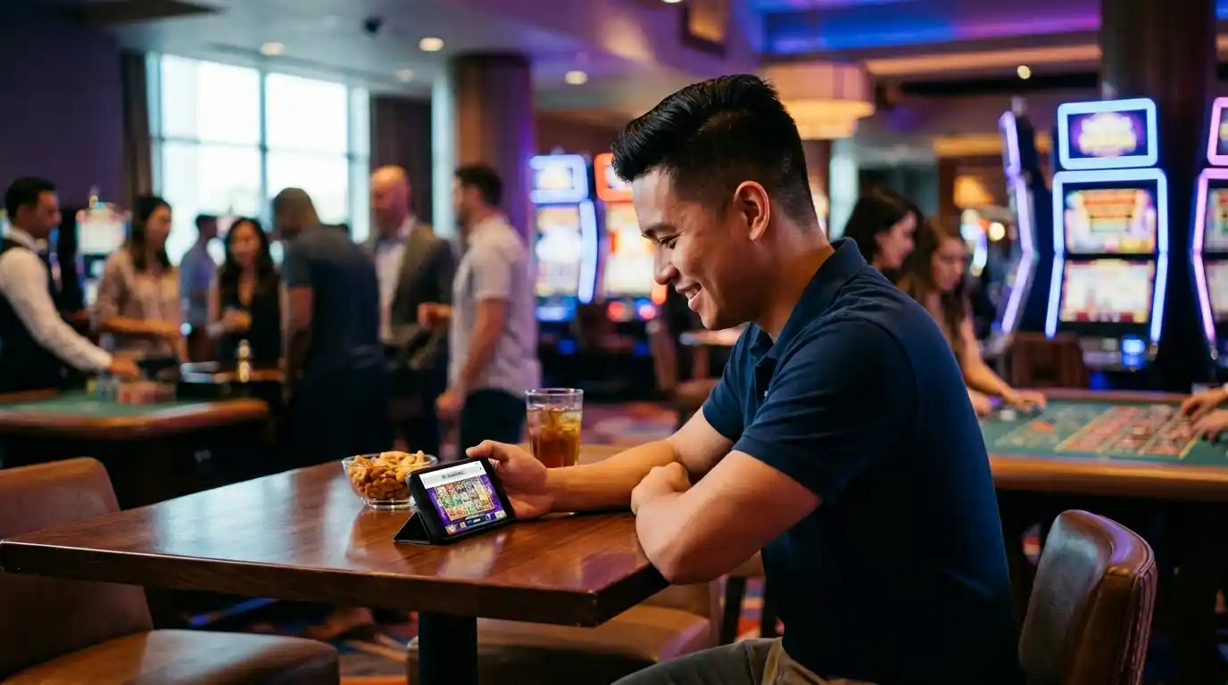 A Filipino player enjoying online casino games on Milyon88.cc inside a modern casino setting