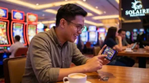 Filipino player inside a casino using a smartphone while claiming a new member register free 100 no deposit bonus for online casino games.