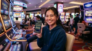 A Filipino player enjoying new member register free 100 Philippines bonus on a smartphone inside a modern casino with colorful slot machines and lively lights.