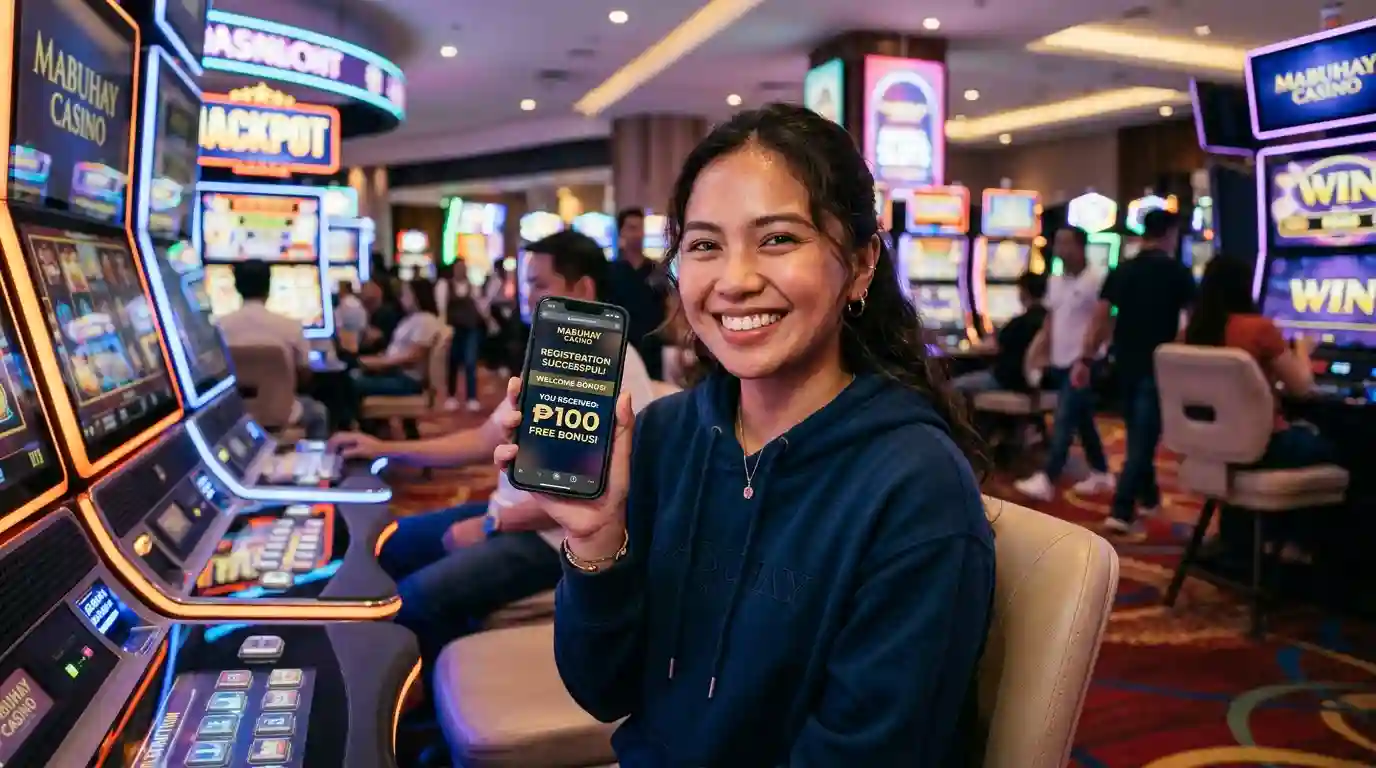 A Filipino player enjoying new member register free 100 Philippines bonus on a smartphone inside a modern casino with colorful slot machines and lively lights.