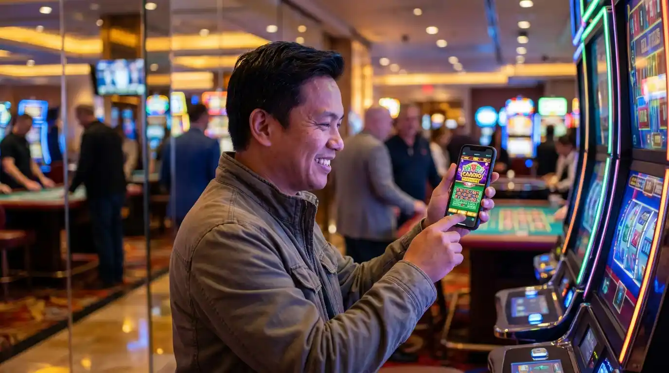 Filipino player using smartphone inside a casino while accessing okbet cc online casino platform.