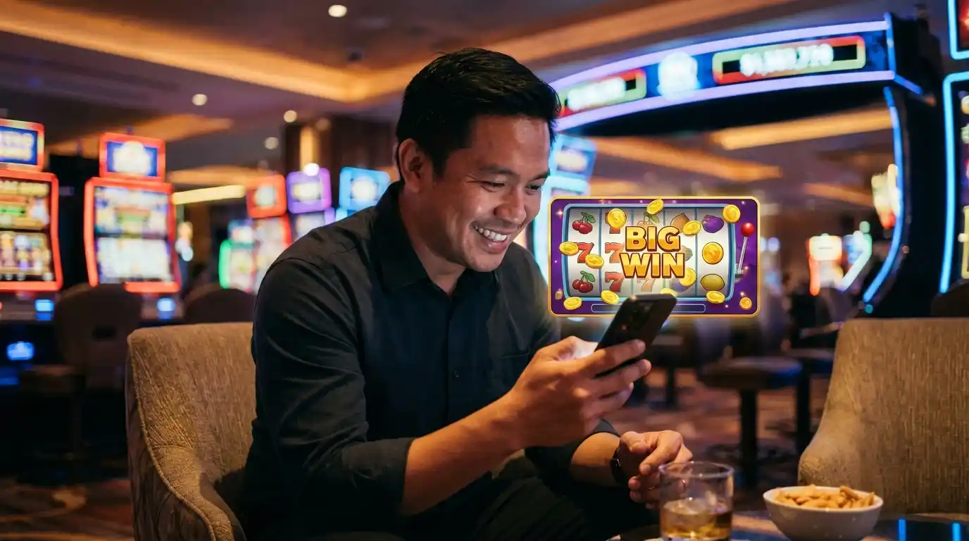 Filipino player using a smartphone inside a casino while claiming an online casino free 100 bonus to play digital slot games.