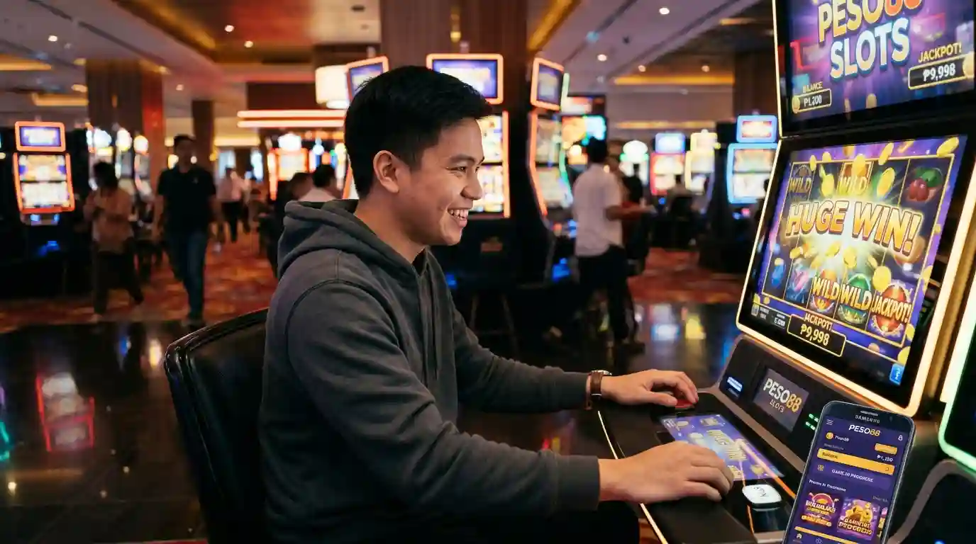 Filipino player enjoying online casino games on Peso88 inside a modern casino