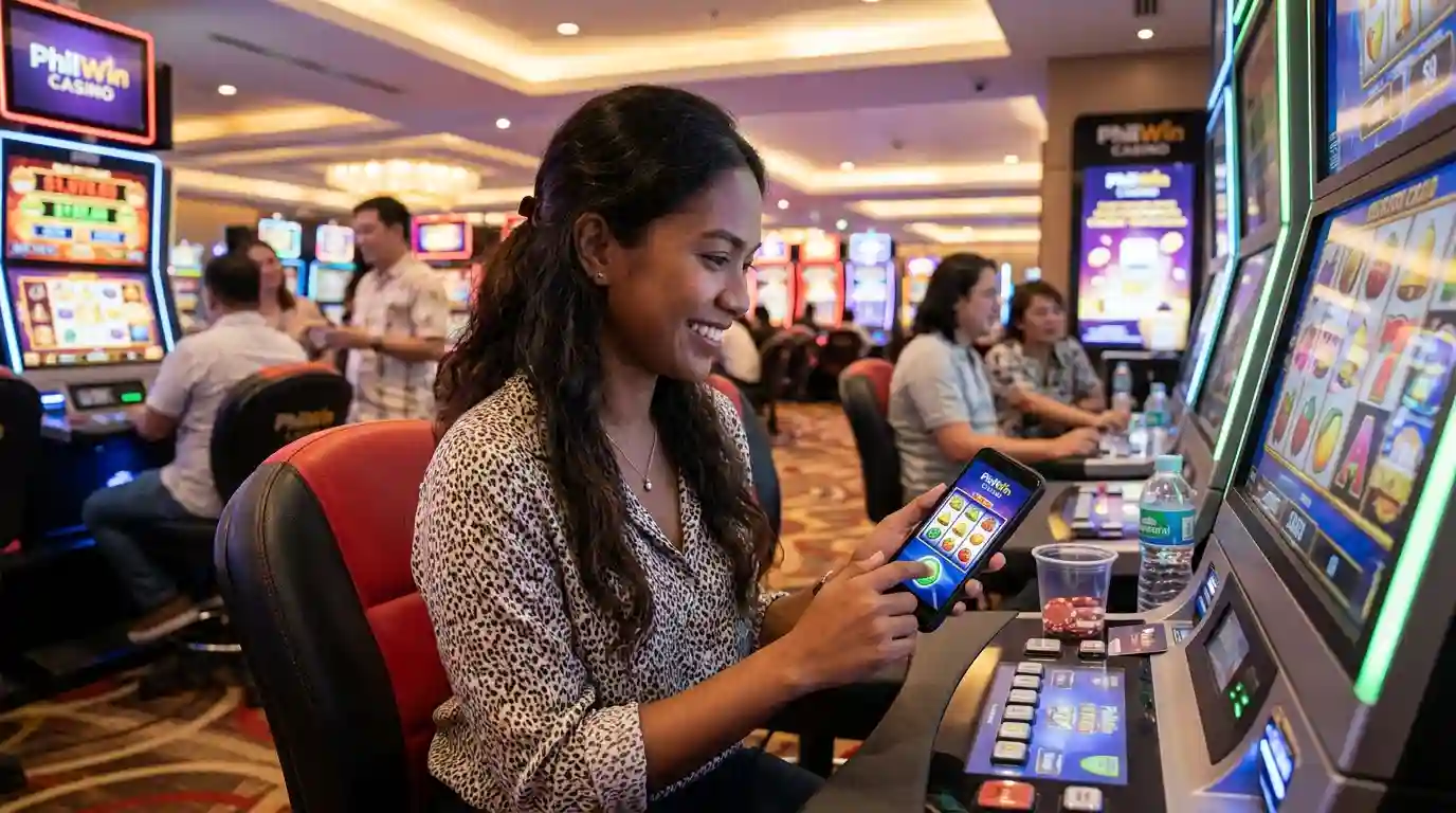 Filipino player enjoying online games at PhilWin Casino inside a modern casino setting